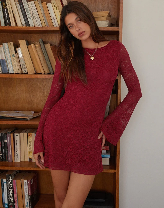 Sevila Long Sleeve Mini Dress in Deep Red Lace