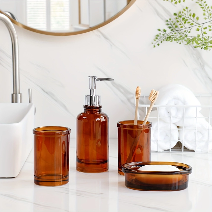 4pcs Glass Bathroom Accessory Set, Includes Lotion Dispenser, Soap Dish, And Mouthwash Cup, Suitable For Bathroom Decoration, Housewarming Gift Set