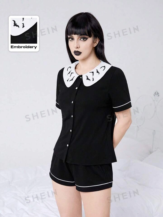 ROMWE Goth Conjunto de pijama de mujeres con cuello Peter Pan bordado con murciélago negro en estilo gótico de mangas cortas para Halloween