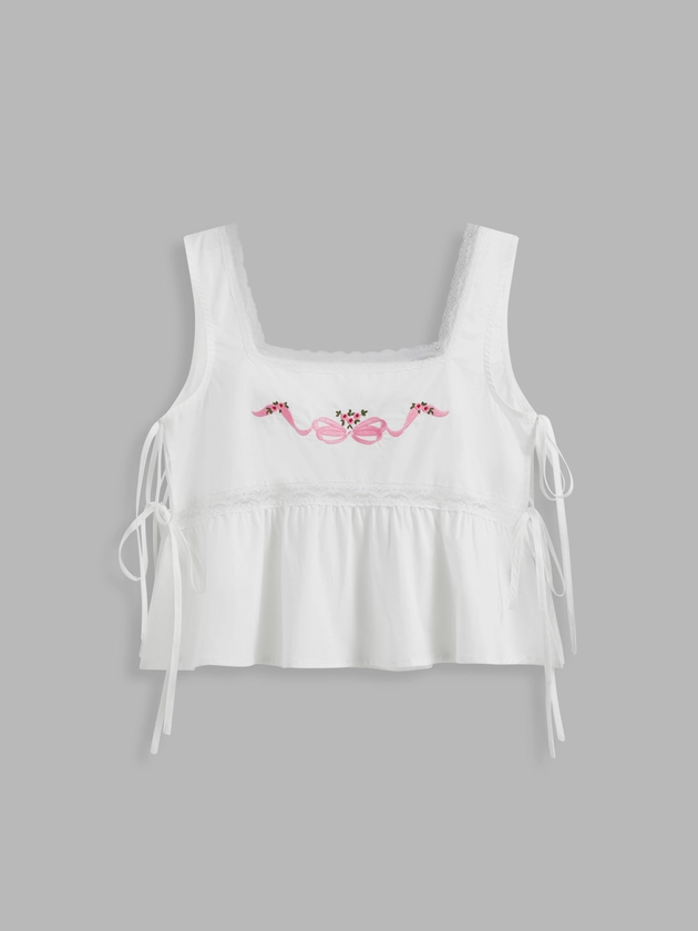 Woven 100% Cotton Square Neck Floral Bowknot Embroidery Lace Trim Ruffle Hem Tie Side Crop Tank Top For Vacation Holiday