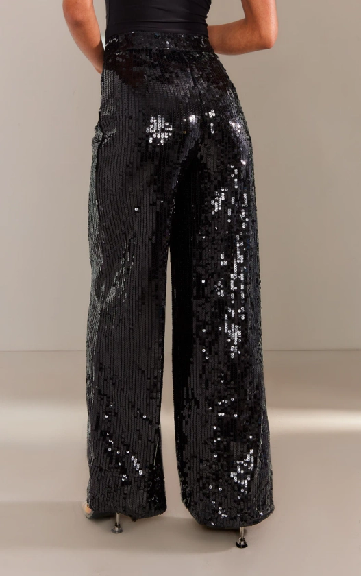 Pantalon large de tailleur noir à sequins