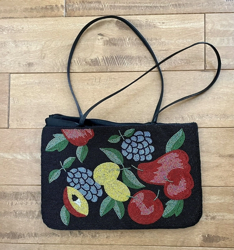 Y&S Beaded Handbag Black Fruit Multicolor Two-Sided Design. (Broken zipper)