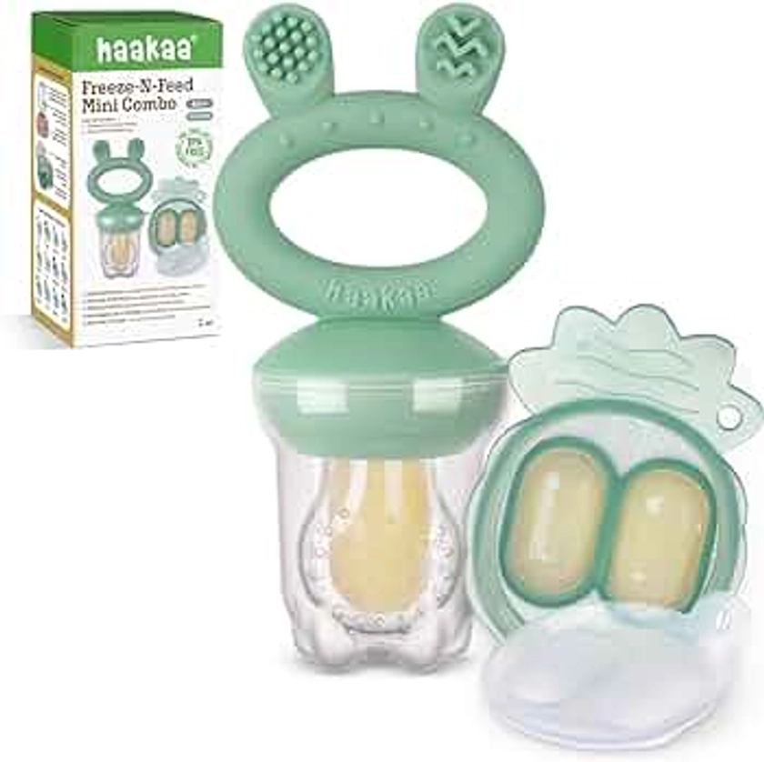 Haakaa Baby Fruit Food Feeder & Mini Freezer Nibble Tray Combo, Breastmilk Popsicle Molds for Cooling Relief, BPA Free Silicone Feeder for Safe Infant Self Feeding, 4 Month+ (Pea Green)