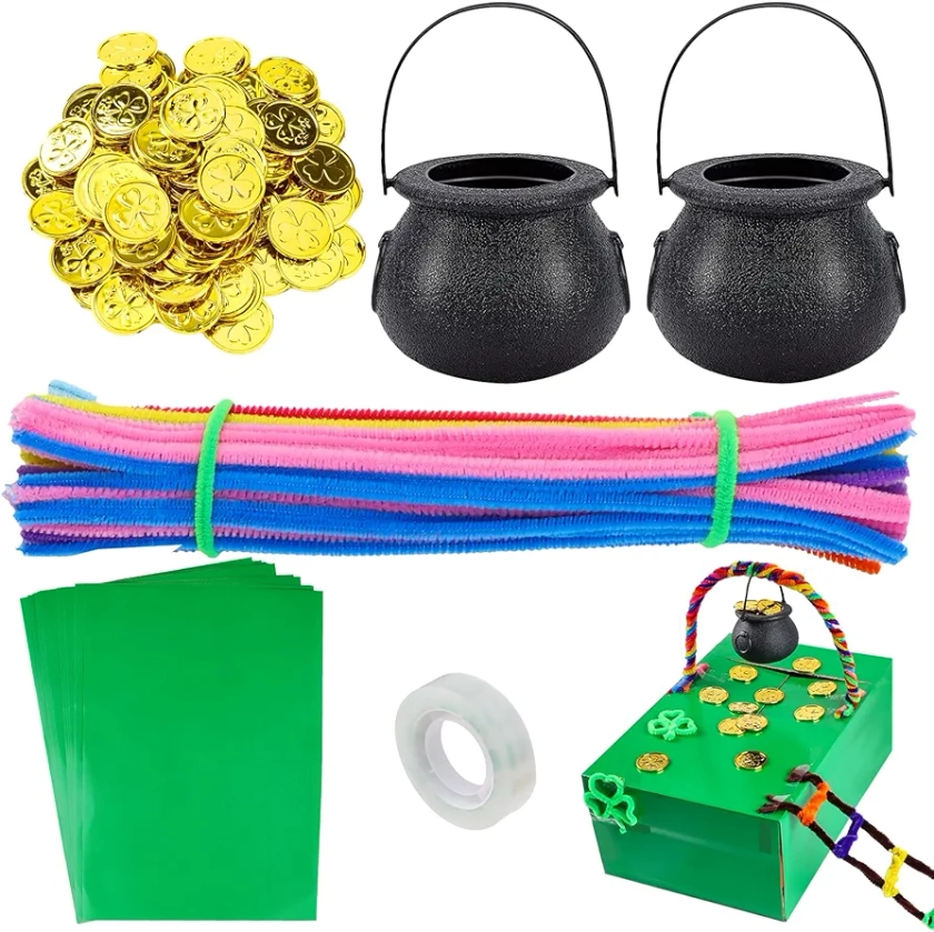 DIY Leprechaun Trap Kit for St. Patrick's Day, Including 50pcs Shamrock Glod Coins,100pcs Multi-Color Pipe Cleaners,2pcs Candy Cauldron Kettles,15Pcs Green Adhesive Paper