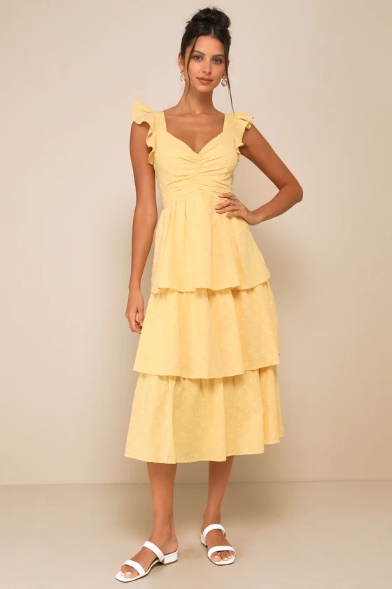 Charming Decision Yellow Swiss Dot Ruched Tiered Midi Dress