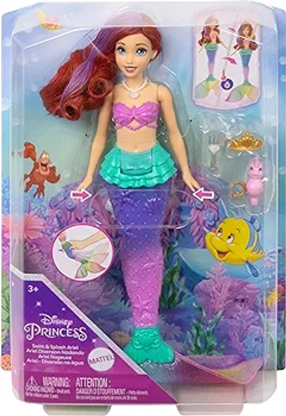 Mattel Disney Princess Toys, Ariel Swimming Mermaid Doll with Color-Change Hair and Tail, Water Toy Inspired by the Disney Movie, HPD43