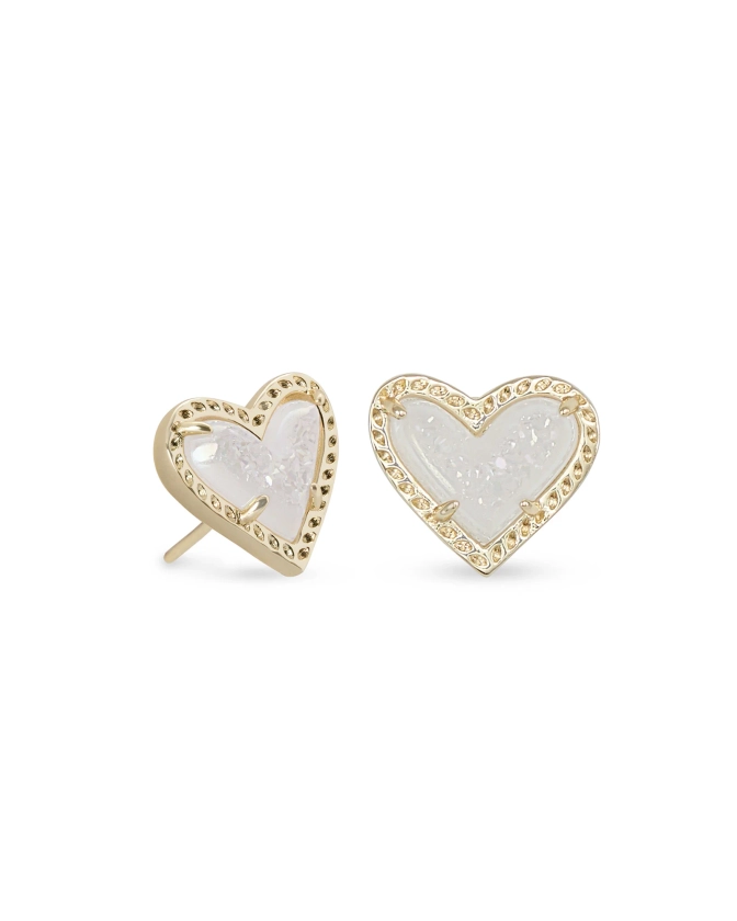 Ari Heart Gold Stud Earrings in Iridescent Drusy