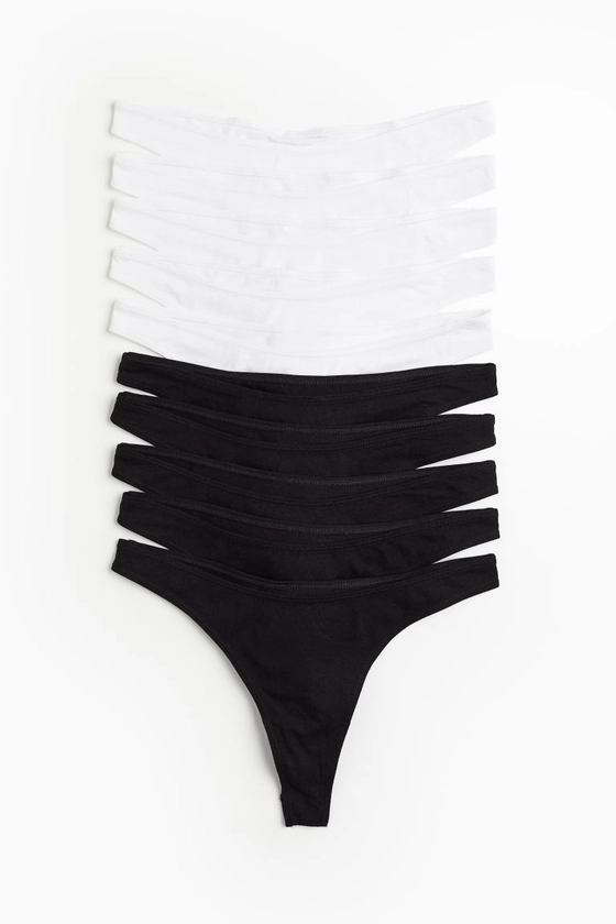Lot de 10 culottes Thong en coton - Taille régulière - Blanc/noir - FEMME | H&M FR