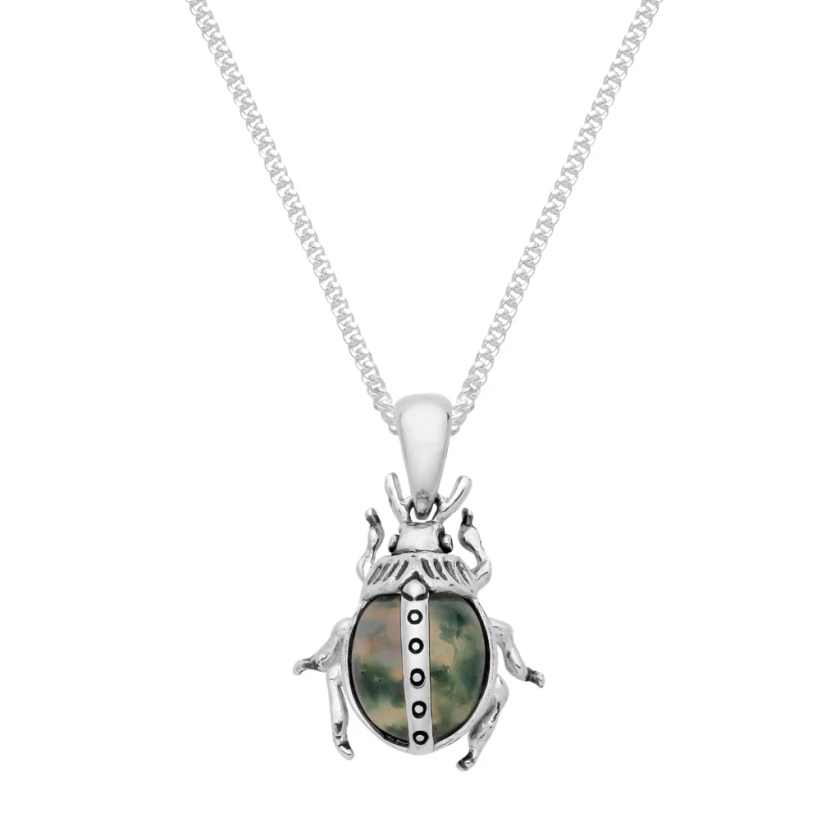 THE BEETLE - Sterling Silver & Moss Agate Necklace