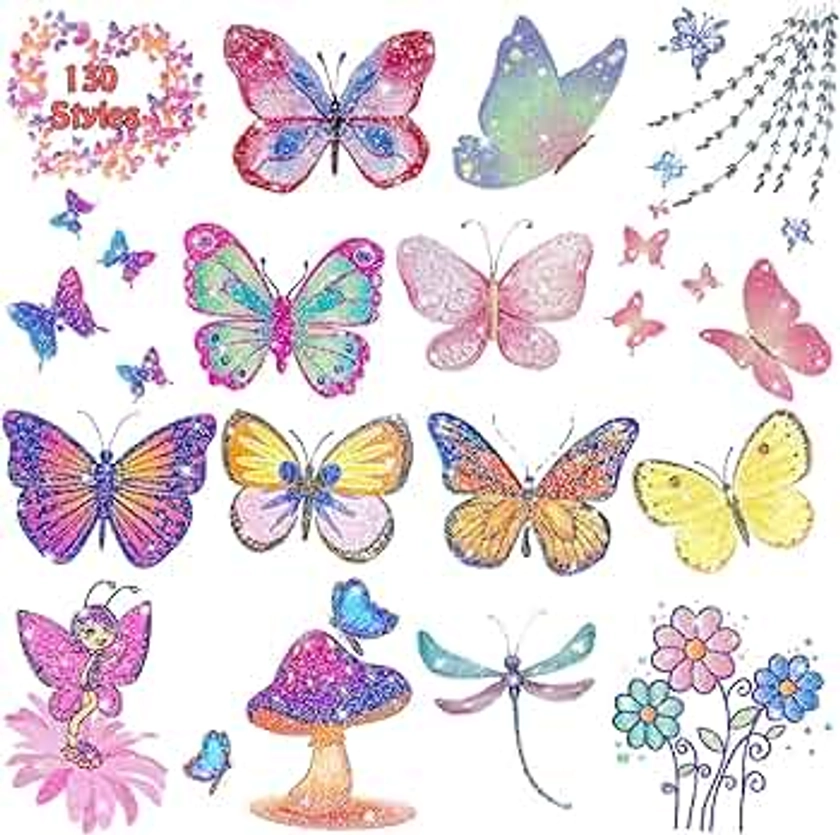 Leesgel 130 Styles Butterfly Glitter Tattoos for Kids, Butterfly Stickers, Temporary Tattoos for Girls Party Bag Fillers Birthday Decorations Fancy Dressing Up Accessories, Butterfly Favours