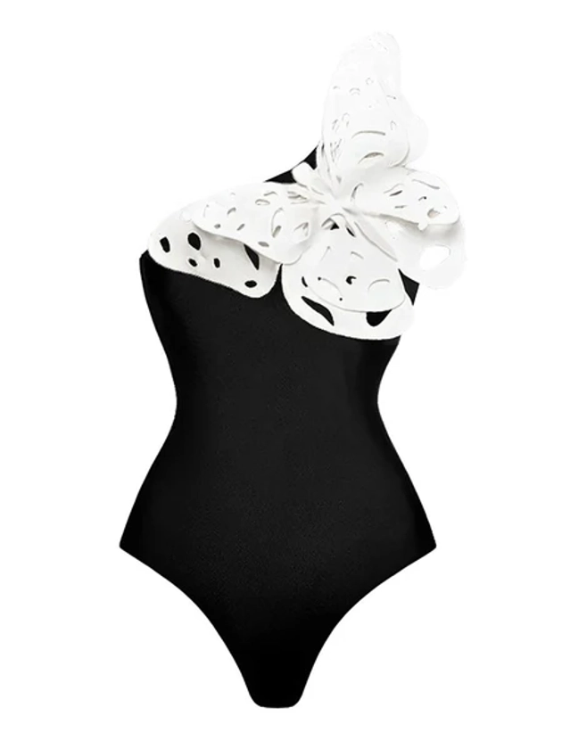 Black 1930s 3D-Butterfly One-Shoulder Swimsuit