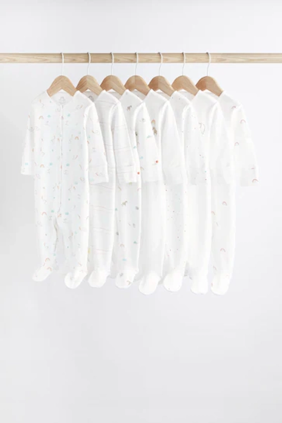 White Bright Animal 7 Pack Baby Printed Long Sleeve Sleepsuits (0-2yrs)