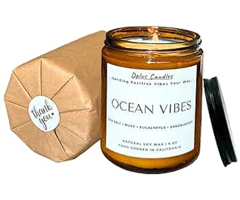 Ocean Vibes Candle | Sea Salt, Musk, Eucalyptus and Sandalwood Candles for Home Scented | Soy Candle Gift for Women | Beach Home Decor | 8 oz jar | Made in the USA | Dplus Candles