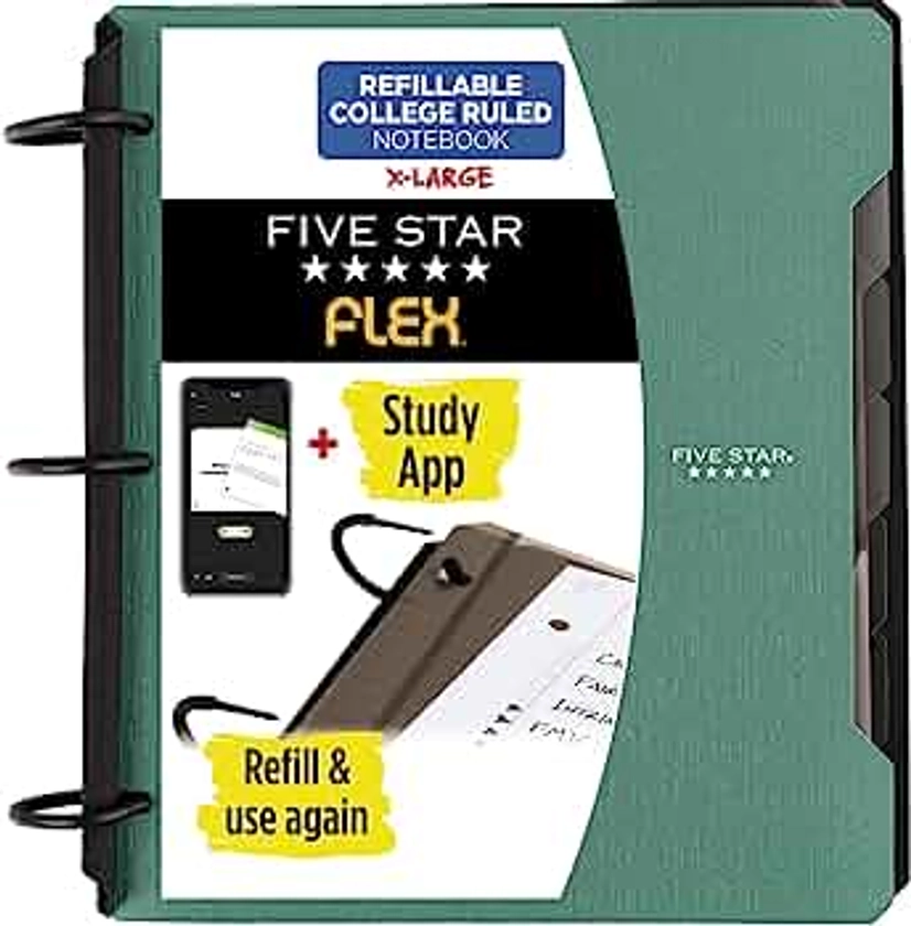 Five Star Flex Refillable Notebook + Study App, College Ruled Paper, 1-1/2 Inch TechLock Rings, Pockets, Tabs and Dividers, 300 Sheet Capacity, Seaglass Green (29324AQ8)