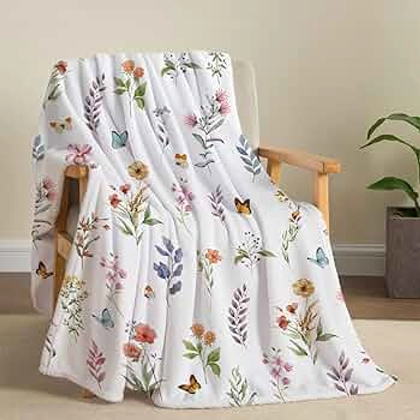 Floral Flower Throw Blanket Botanical Plant Throw Blanket Colorful Flannel Fleece Throw Blanket Watercolor Butterfly Cozy Fuzzy Plush Throw Blanket for Bed Chair Couch 50" X 60"