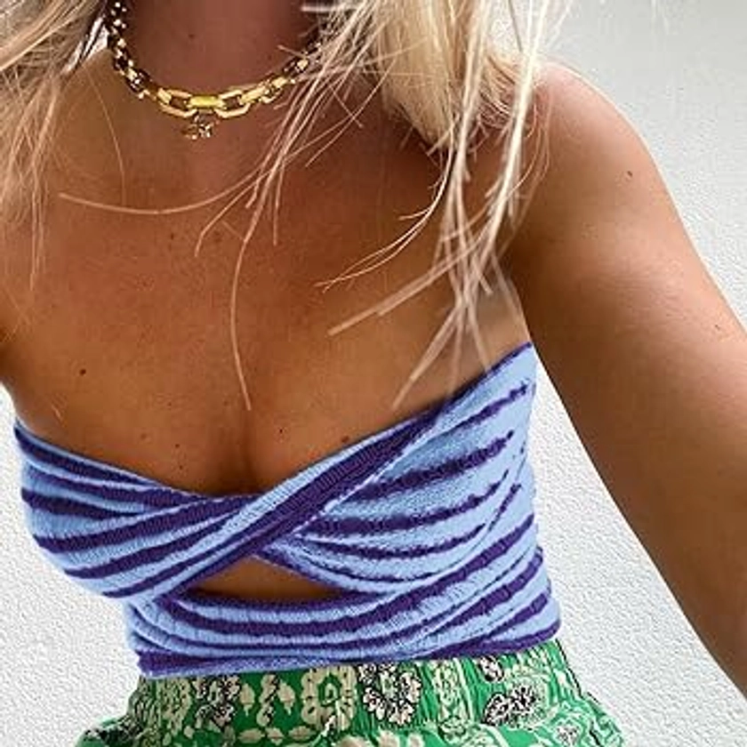 MISSACTIVER Women Striped Knit Bandeau Top Sexy Strapless Sleeveless Twist Front Hollow Out Backless Tube Crop Top Party