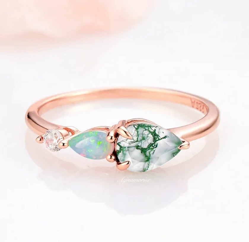 Unique Moss Agate Opal Engagement Ring- Pear Cut Art Deco Wedding Band- 3 Stone Delicate Women Bridal Promise Ring- 14K Rose Gold Vermeil