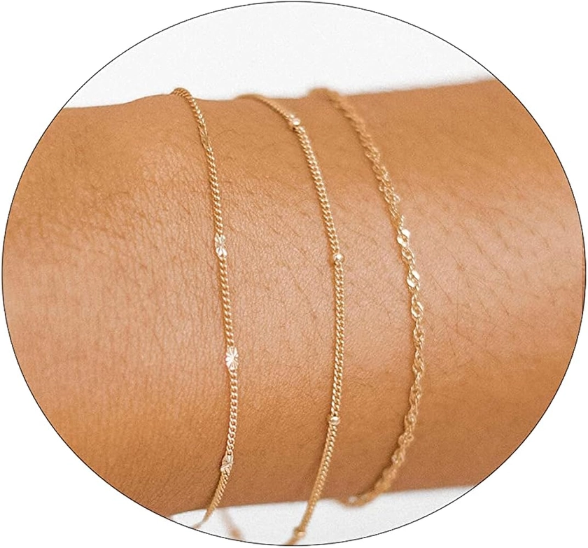 Sewyer Dainty Bracelet for Women 14K Gold Plated Cross Pearl CZ Leaf Bracelets Set Gold Layering Bracelets Everyday Jewelry