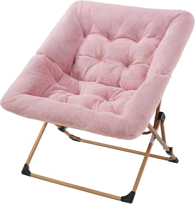 OAKHAM Comfy Saucer Chair for Adults, Soft Faux Fur Folding Lounge Chair for Bedroom Living Room Dorm Rooms Flexible Reading Chair for Teens Kids, X-Large Foldable Chair (Faux Fur-Pink)