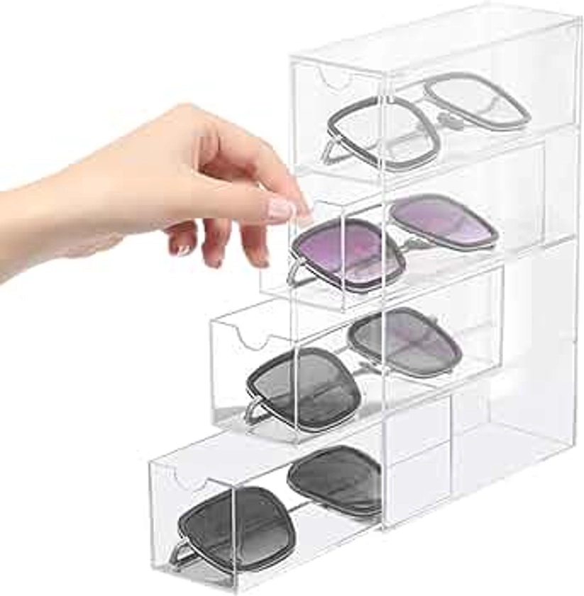 Boîte de rangement pour lunettes : rangement de lunettes de soleil avec 4 tiroirs en acrylique transparent Boîte de rangement pour lunettes, boîte de rangement pour montres, chaînes, lunettes,