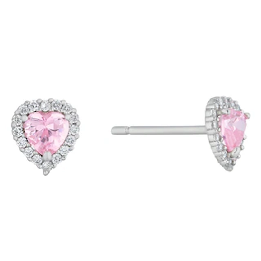 Children's Sterling Silver & Pink Cubic Zirconia Heart Stud Earrings|H.Samuel