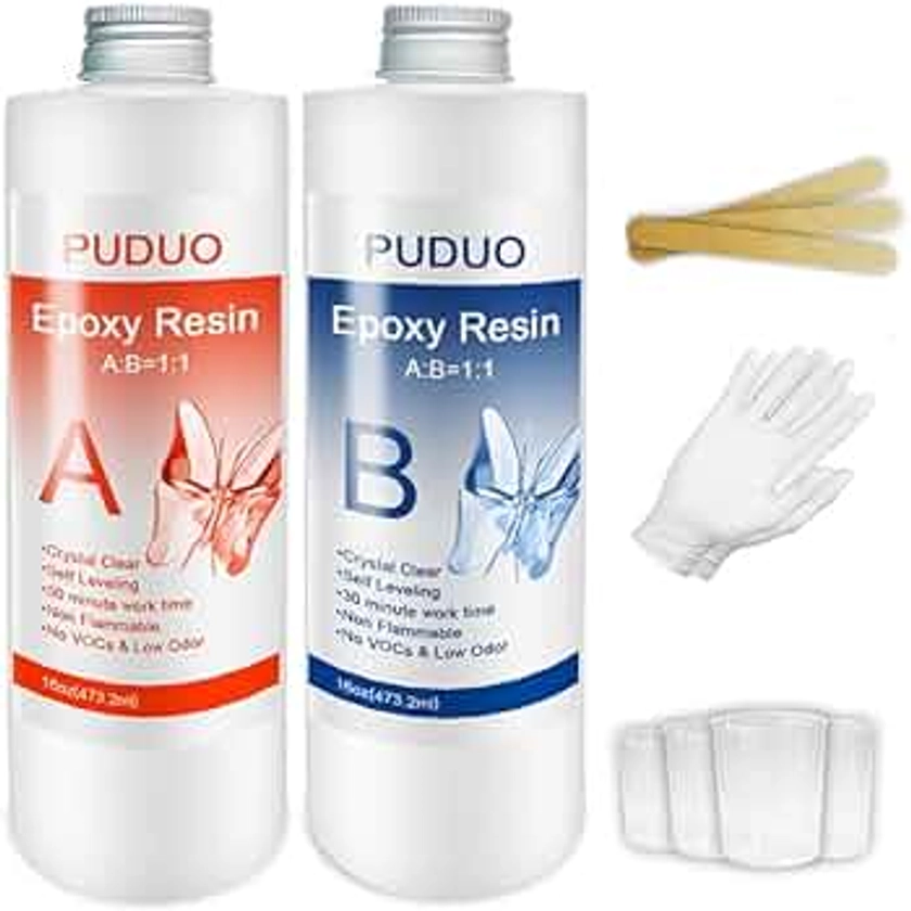 32 OZ Epoxy Resin Clear for Resin Molds, Resin Epoxy Starter Kit, 2 Part Resin for for Jewelry- Including Resin and Hardener (Each 16OZ) with 4 pcs Measuring Cups, 3pcs Sticks, 1 Pair Glove…