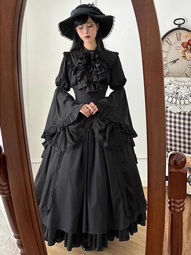 Robe gothique Lolita élégante entièrement noire à manches longues et à volants style victorien vintage