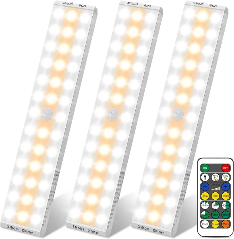 BLS LED Closet Lights, 38 LED Wireless Under Cabinet Lighting Battery Operated Lights with Remote, 1500mah Battery Powered Lights, USB Rechargeable Motion Sensor Light Indoor, Dimmable 3 Colors 3 Pack