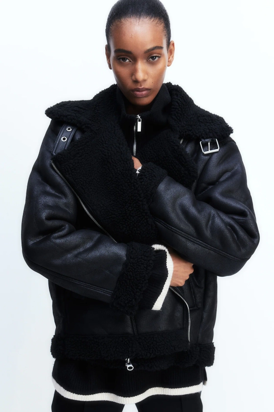 Oversized teddy-lined jacket - Black - Ladies | H&M GB