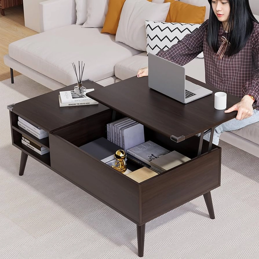 Amazon.co.jp: Coffee Table, Living Table, Low Table, Width 39.4 x Depth 19.7 x Height 17.3 x 17.3 inches (100 x 50 x 44 & 59 cm), Lifting Table, Storage Table, Tabletop, Height Adjustable, Large Capacity, Easy : Home & Kitchen