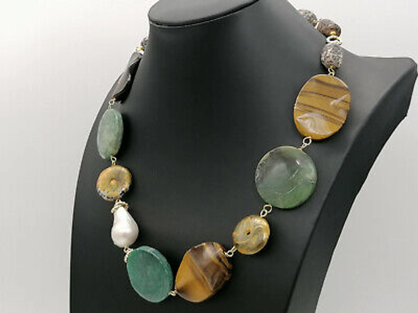 Women's Jade Tiger's Eye Pearl Jade Silver Necklace MADE IN ITALY