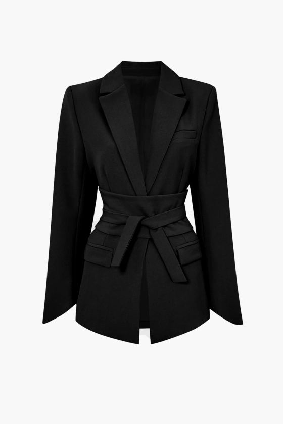 Basic Solid Notched Lapel Belted Blazer