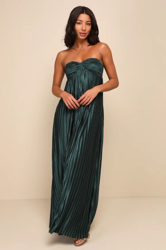 Whimsical Beauty Emerald Green Satin Plisse Strapless Maxi Dress