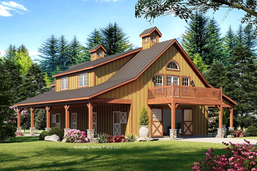 Plan 680036VR: Rustic 4-Stall Barn with 3-Bed Home Above