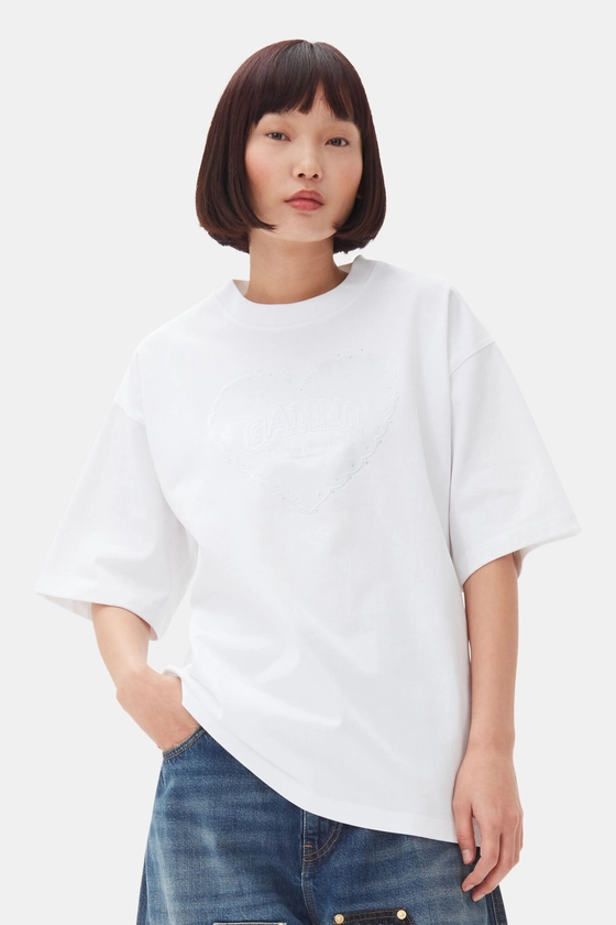 Bright White White Heavy Cotton Drop Shoulder Heart T-shirt | GANNI FR