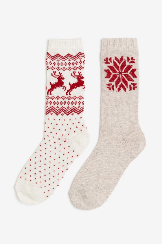 Lot de 2 paires de chaussettes - Beige clair/rouge - FEMME | H&M FR