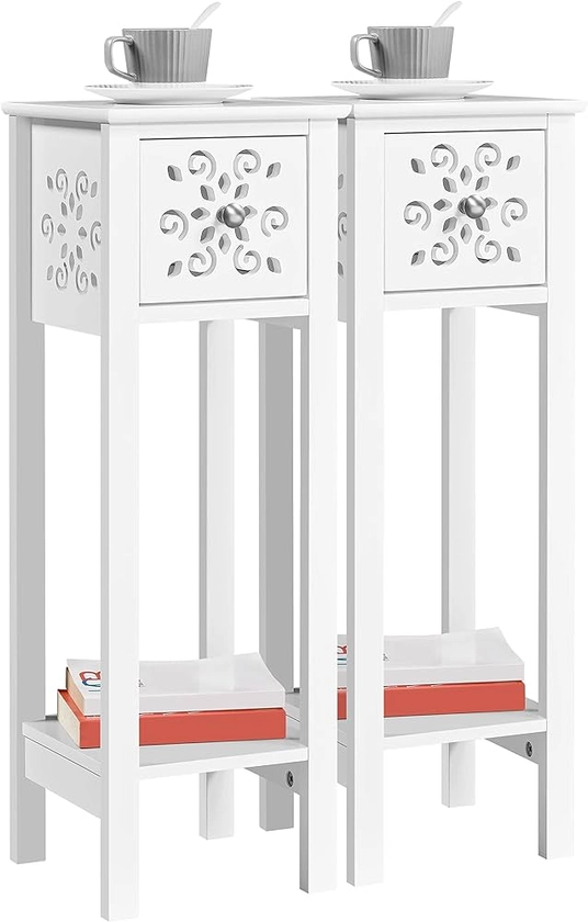 Yaheetech 2pcs Slim Bedside Table, Narrow Sofa Side End Table with Drawer & Shelf, Set of 2 Nightstand Storage Cabinet with Carved Design for Living Room/Bedroom/Small Space, 25×25×73.5cm, White : Amazon.co.uk: Home & Kitchen