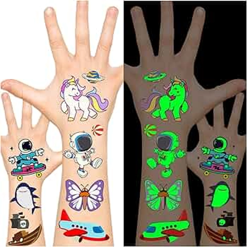 Acevegue Party Favours for Kids, 30 Sheets Luminous Temporary Tattoos for Kids Birthday Party Bag Fillers, Glow Tattoos Stickers Toys Games Prizes for Boys Girls Children