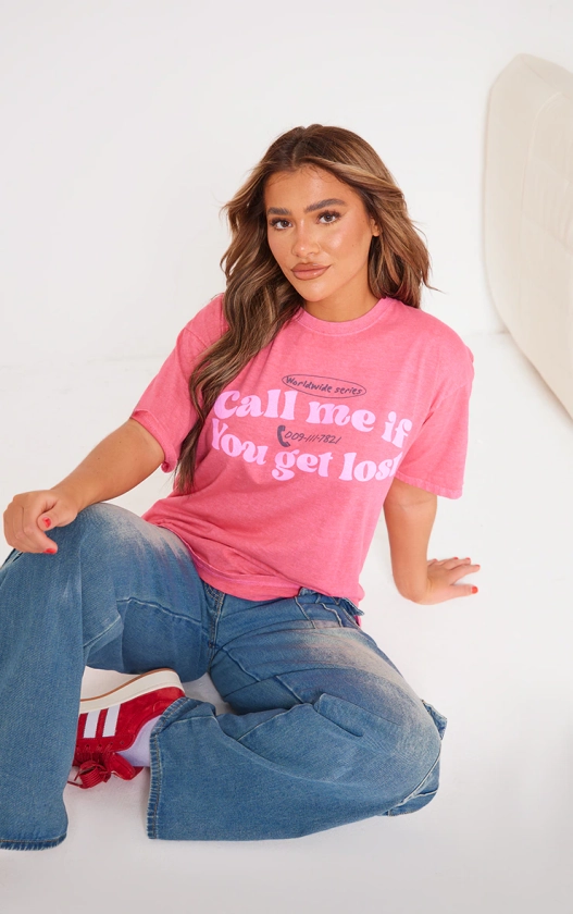 Red Washed Call Me Print T Shirt