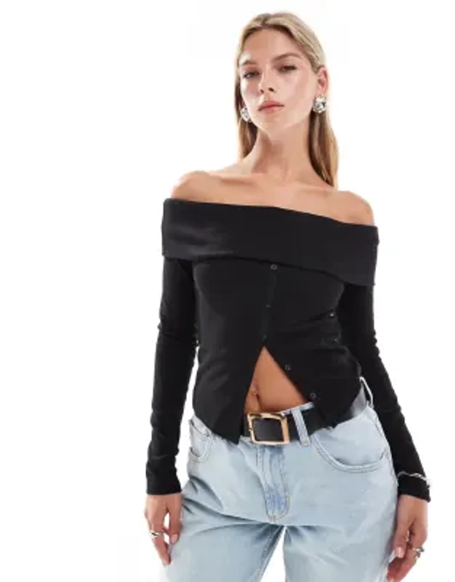 Bershka bardot button up top in black | ASOS