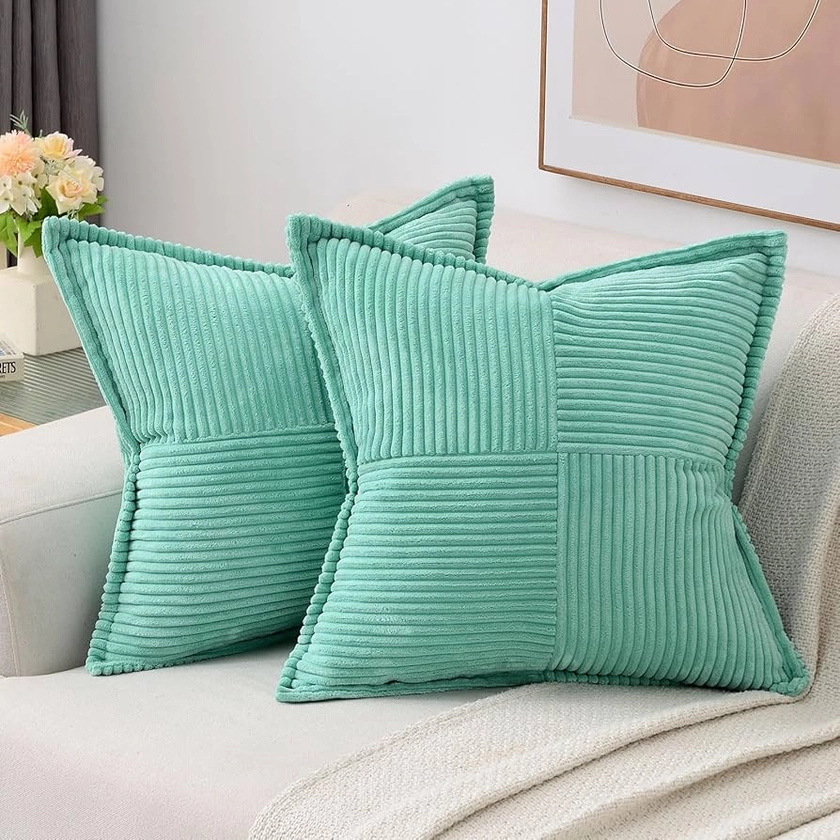 Amazon.com: HAUSSY Turquoise Throw Pillow Covers 18x18 Inch Set of 2,Soft Solid Corduroy Striped/Wide Bordered,Square Decorative Cushion Case,Winter Home Decorations for Couch,Bed : Sports & Outdoors