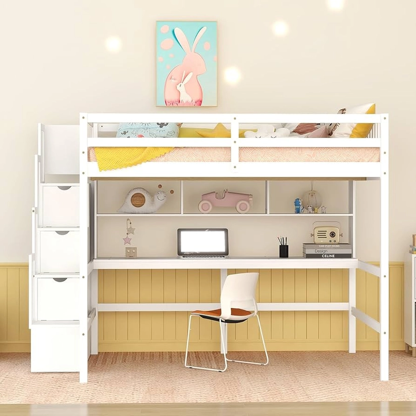 Harper & Bright Designs Full Loft Bed with Desk and Shelves, Loft Bed Full Size with Storage Stairs and Guard Rail,Space Saving Loft Bed with Desk Underneath for Kids Teens, White
