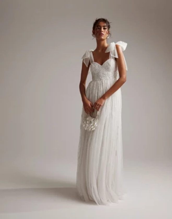 ASOS DESIGN Mila floral embellished mesh wedding dress with tie straps in ivory | ASOS