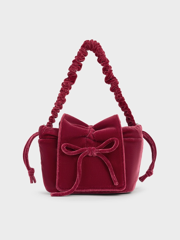 Pink Velvet Bow Ruched Top Handle Bag | CHARLES & KEITH