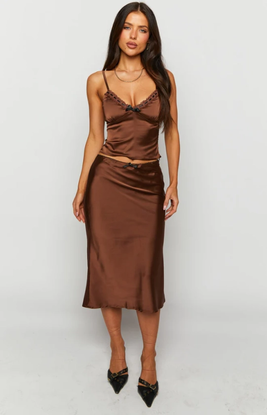 Khloe Brown Satin Midi Skirt