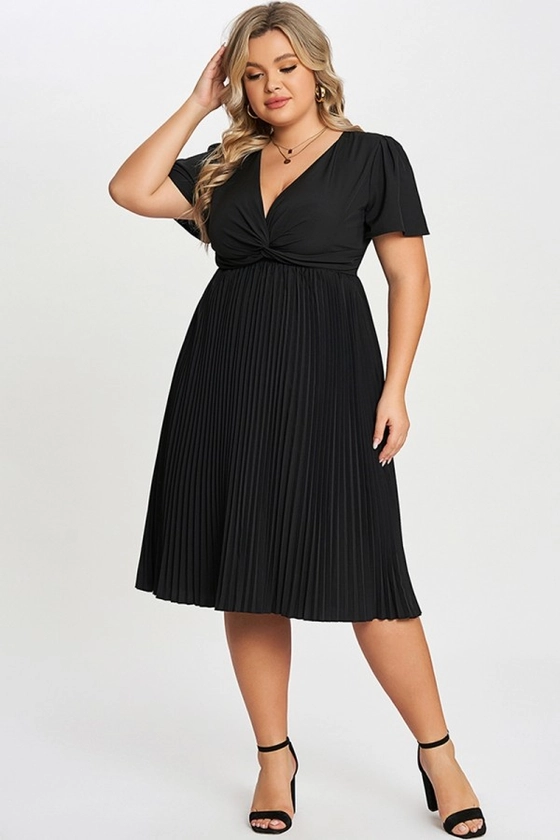 Black Knot Front Pleated Skirt Long Dress