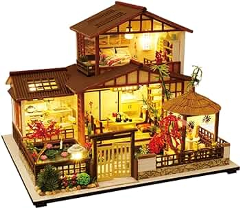 Spilay DIY Dollhouse Miniature with Wooden Furniture Kit,Handmade Mini Japanese Style Home Craft Model Plus with Dust & Music Box,1:24 Scale Creative Doll House for Teens Adult Lover Gift