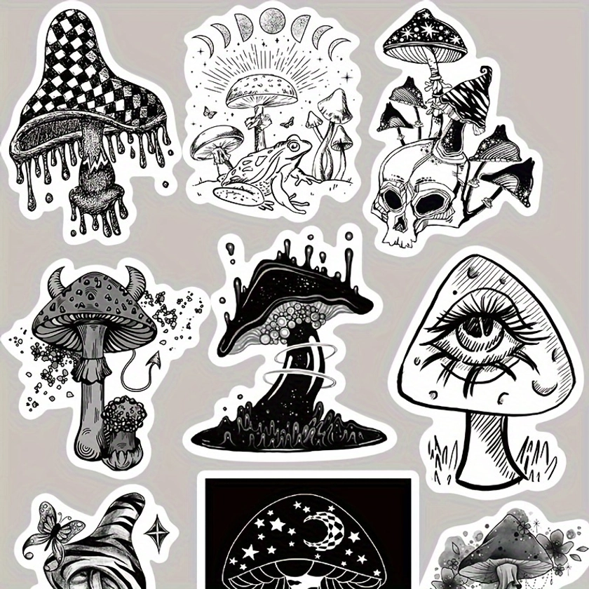 50pcs Gothic Black And White Mushroom Stickers, Creative Fun Guitar Wall Mobile Phone Case Decorative Stickers, Waterproof