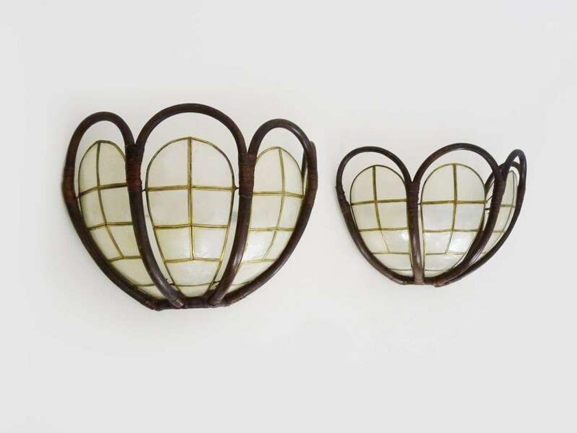 Pair Of Rattan And Mother Of Pearl Wall Lights From The 50s And 60s | Vinterior