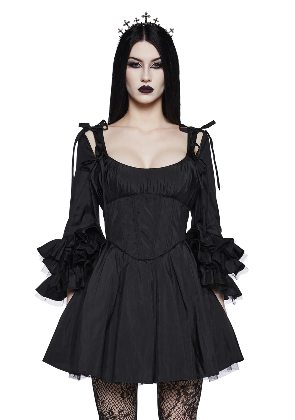 Widow Taffeta Lace Up Mini Dress With Sleeves - Black